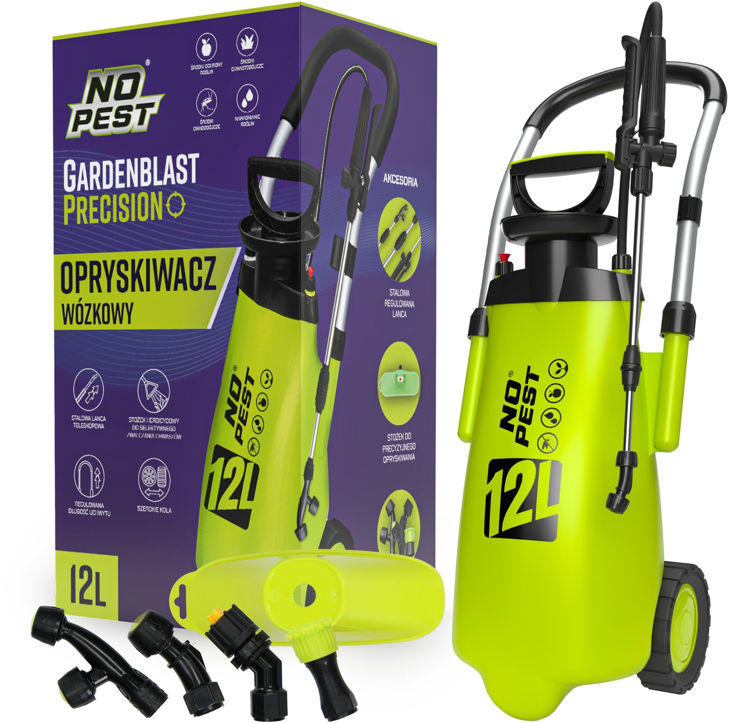 Opryskiwacz Wózkowy na Kółkach 12L z Wymiennymi Dyszami i Regulowaną Lancą Spryskiwacz do Oprysków