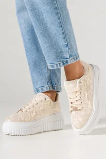Beżowe sneakersy damskie creepersy koronkowe brokatowe na platformie ze żłobieniami złote ozdoby z cyrkoniami sznurowane Carla LA321P - Półbuty damskie - miniaturka - grafika 1