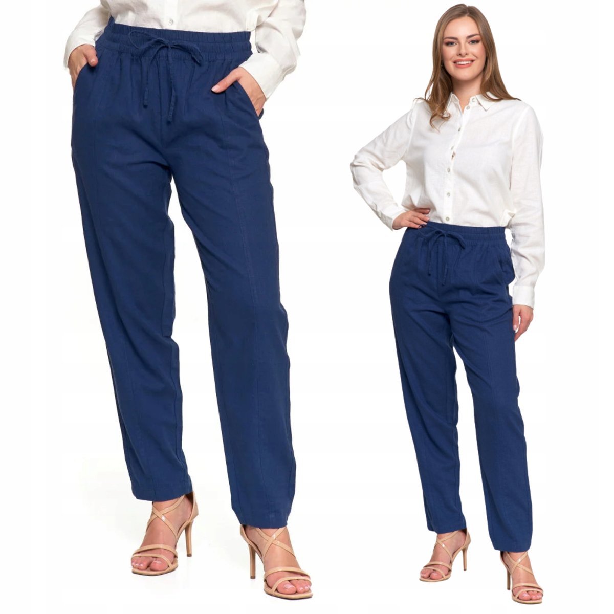 SPODNIE LNIANE DAMSKIE Z GUMKĄ W PASIE ELEGANCKIE PROSTA NOGAWKA MORAJ S NAVY