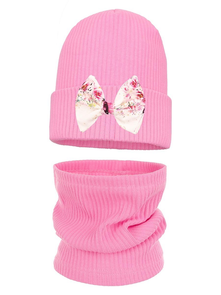 Dziewczęca komplet czapka i komin w prążki z kokardą różowy Ambra r.50/54