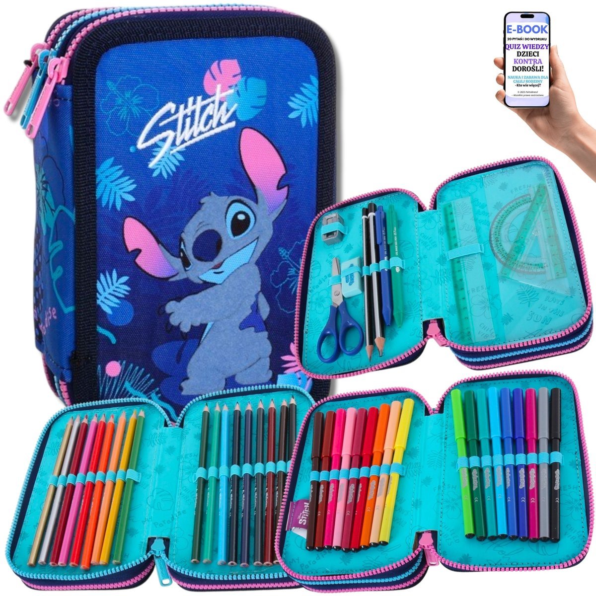 PIÓRNIK SZKOLNY 3w1 LILO I STITCH + FLAMASTRY, KREDKI, PRZYBORY DLA DZIEWCZYNKI CHŁOPCA + EBOOK-2