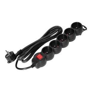Przedłużacz 5-krotny 2P+Z z wyłącznikiem, 1,5m H05VV-F 3x1,5mm2, Imax=16A, płaska wtyczka, czarny - Listwy zasilające - miniaturka - grafika 1