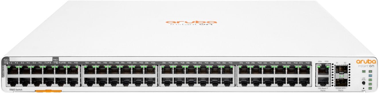 HPE Networking InstantOn Switch 1960-48G-PoE-2XGT-2SFP+ 600W, 52 Ports, 1U, 8x 1G RJ45 PoE Class6 & 40x 1G RJ45 PoE Class4, 2x 1/10G RJ45 & 2x 1/10G SFP+ Ports, 600W PoE Budget, Managebar IOn App & Browser, lebenslange Garantie JL809A#ABB