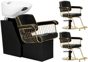Meble fryzjerskie - Zestaw Lorenzo myjnia fryzjerska i 2 x fotel fryzjerski hydrauliczny obrotowy podnóżek do salonu fryzjerskiego myjka ruchoma misa ceramiczna armatura bateria słuchawka - miniaturka - grafika 1