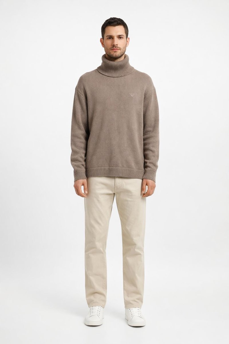 GUESS MĘSKI BEŻOWY SWETER GOLF Z LOGO Z WEŁNĄ L GŁA