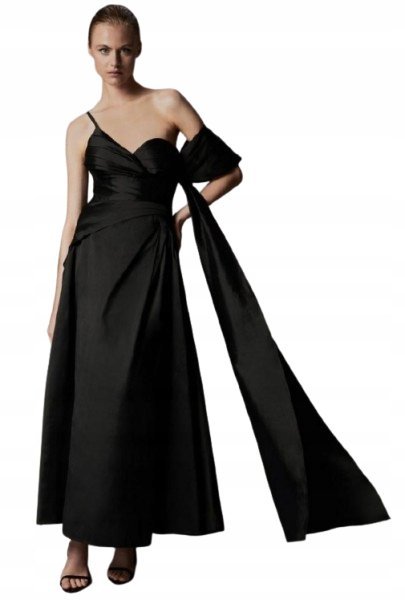 KAREN MILLEN PETITE CZARNA SUKIENKA MAXI NA JEDNO RAMIĘ KOKTAJLOWA 40 B1C