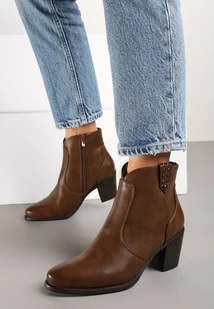 Brązowe Botki Kowbojki na Obcasie Ozdobione Napami Zinnirae - Botki damskie - miniaturka - grafika 1