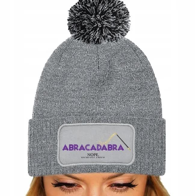 CZAPKA POMPON Bawełniana ZIMOWA Szara Zabawne ABRACADABRA Magiczne Wzory