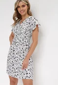 Sukienki - Biała Kwiecista Sukienka Mini z Wiskozy z Marszczoną Gumką w Pasie Catela - miniaturka - grafika 1