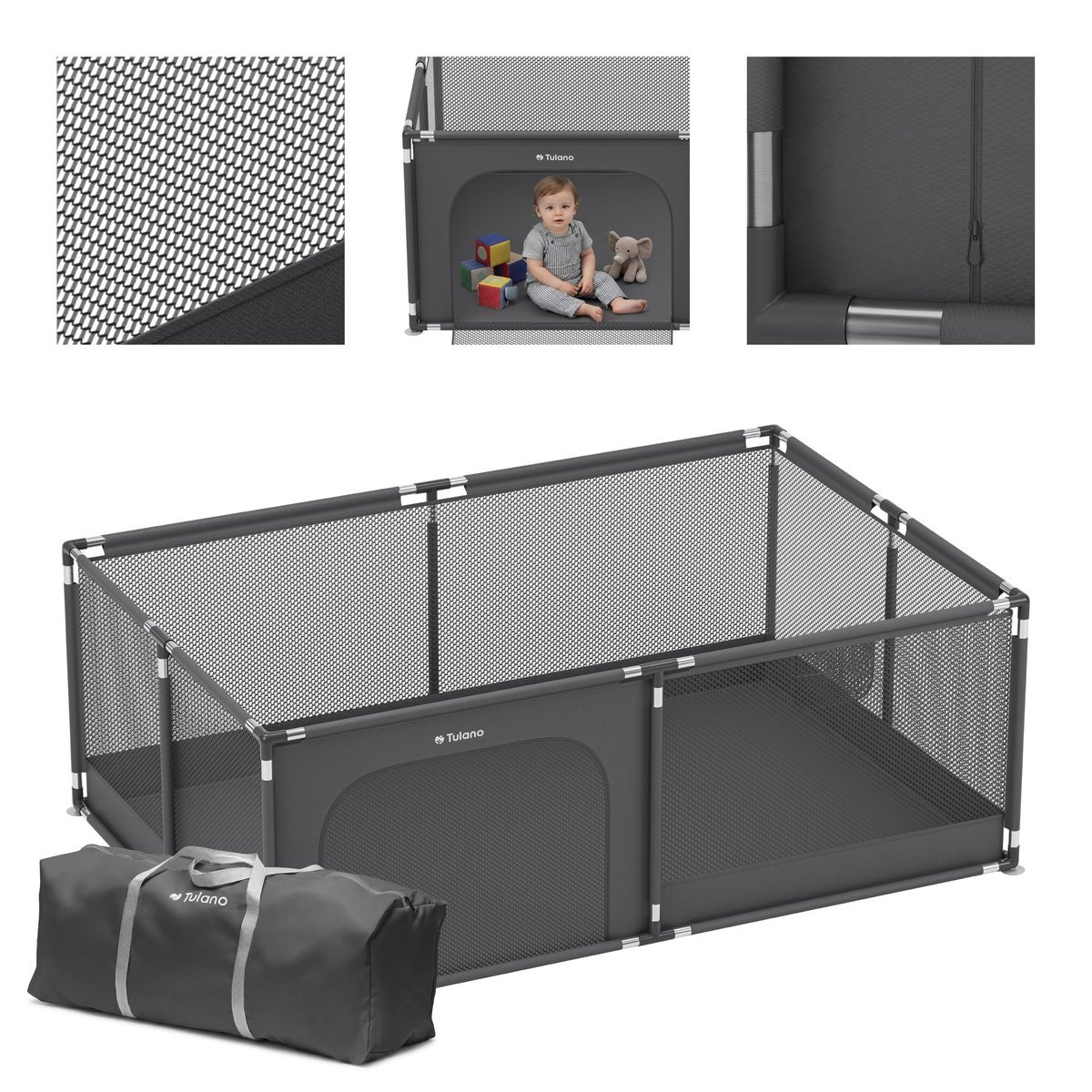 Kojec dziecięcy Tulano Cozy 22 Graphite, duży kojec z podłogą 120x180 cm, antypoślizgowe nóżki, torba transportowa