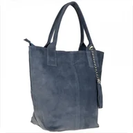 Torebki damskie - Torba worek zamszowa niebieski dżins z podszewką na zamek skóra naturalna - miniaturka - grafika 1