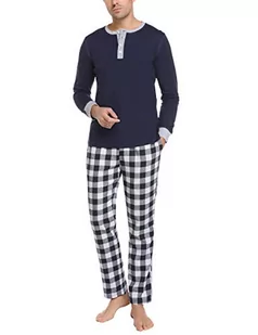 Doaraha Męska piżama zestaw top i spodnie z długim rękawem, 100% bawełniana krata odzież domowa bielizna nocna z spodniami w kratkę na zimę, Głęboki niebieski - Koszulki męskie - miniaturka - grafika 1