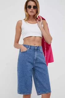 Spodenki damskie - Calvin Klein Jeans szorty jeansowe damskie kolor granatowy gładkie high waist - grafika 1