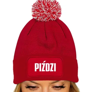 Czerwona Czapka Zimowa Z Pomponem PIŹDZI Ciepła Na Prezent Wzory - Czapki damskie - miniaturka - grafika 1