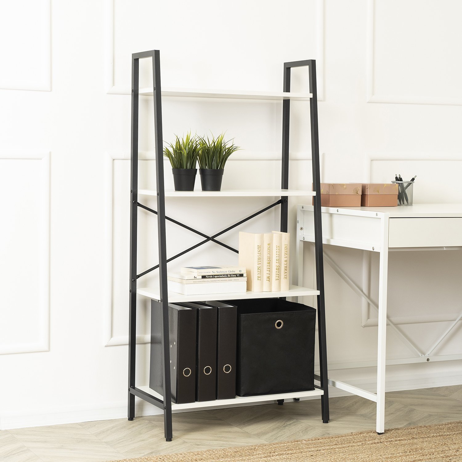 Mebel Elite Regał Otwarty do Salonu GIA na Książki Zabawki Biały/Czarny Nowoczesny Industrialny