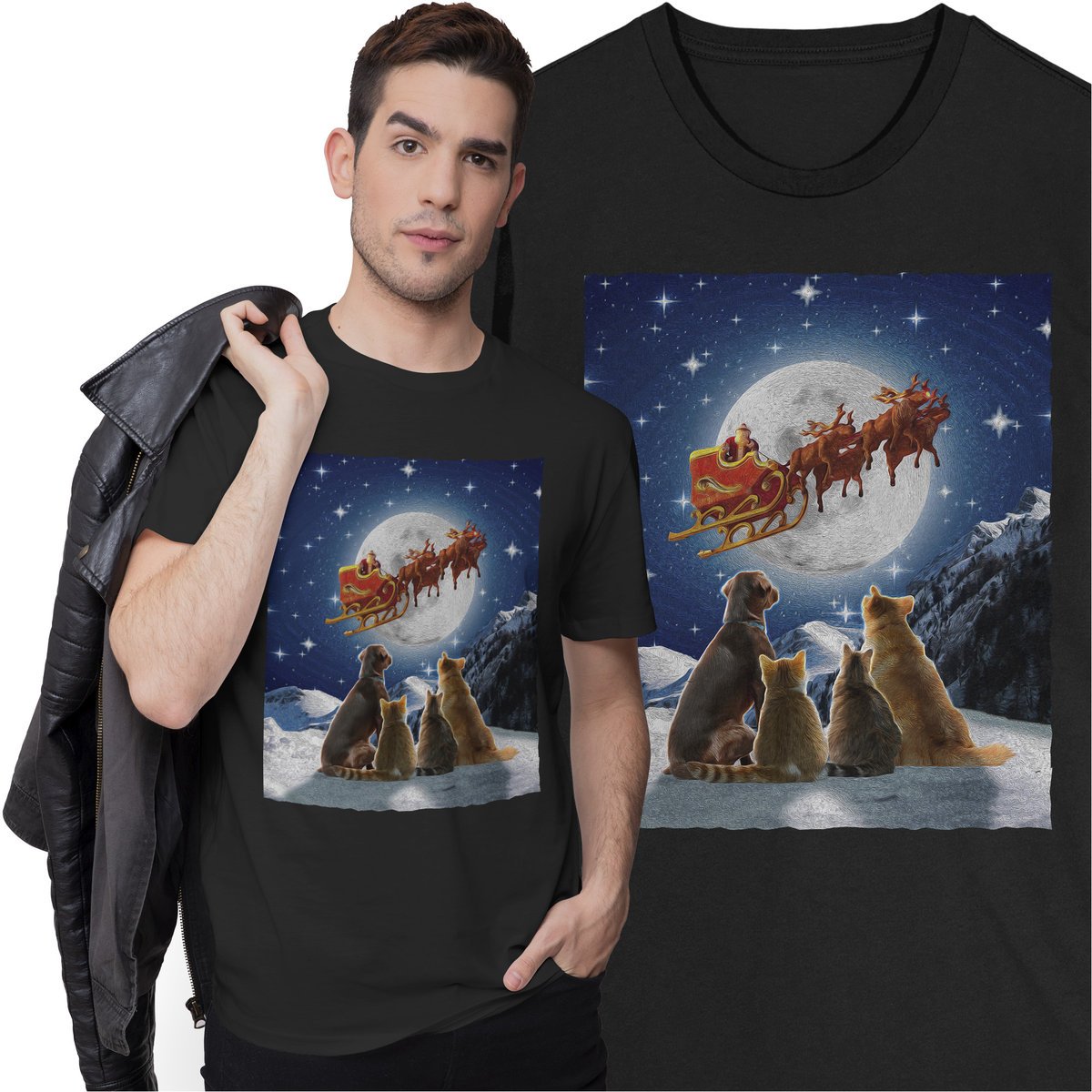 Świąteczna Koszulka Prezent na Święta Święty Mikołaj Kot Pies Zwierzęta Sanie