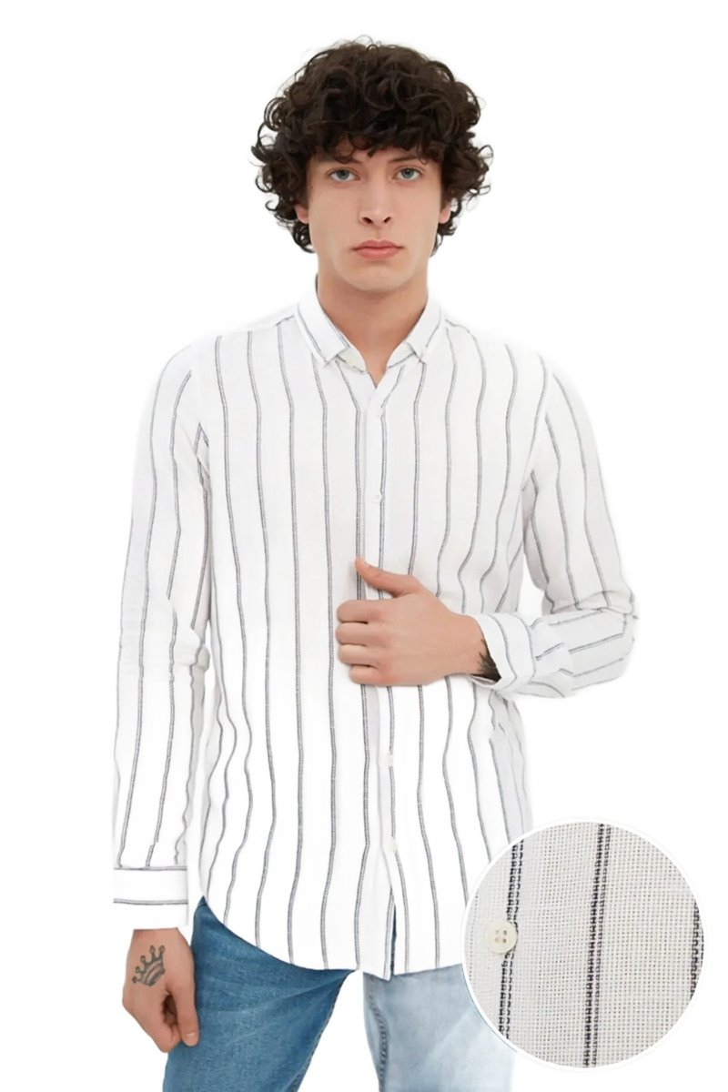 TRENDYOL MAN BIAŁA KOSZULA MĘSKA CASUAL W PASKI DŁUGI RĘKAW L 5DA