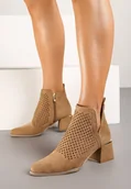 Botki damskie - Ciemnobeżowe Botki na Słupku z Metaliczną Wstawką i Ażurowym Zdobieniem Vleferdia - miniaturka - grafika 1