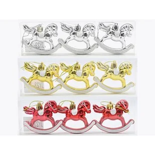 Zawieszka plastikowa konik na biegunach 8 cm 3 sztuki czerwony / złoty / srebrny - Ozdoby bożonarodzeniowe - miniaturka - grafika 1