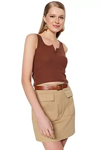 Trendyol Damska koszula slim fit basic z okrągłym dekoltem dzianinowa, Brązowy, M - Koszule damskie - miniaturka - grafika 1