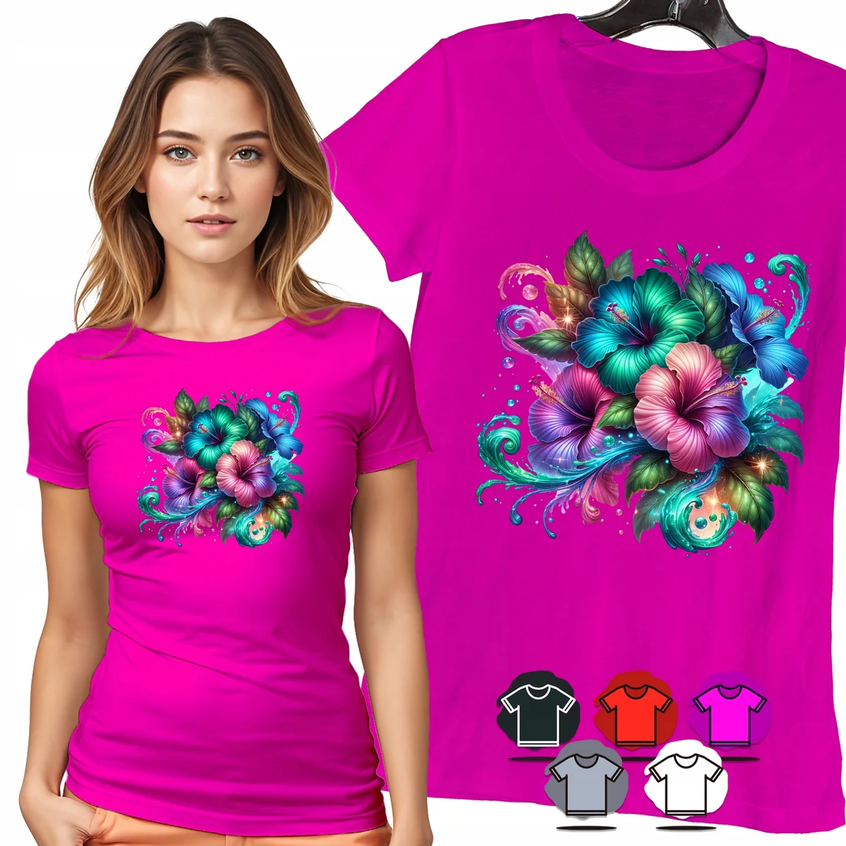 KOSZULKA DAMSKA T-SHIRT - KWIATY EGZOTYCZNE TURKUS RÓŻ DAMSKI WZÓR - XL