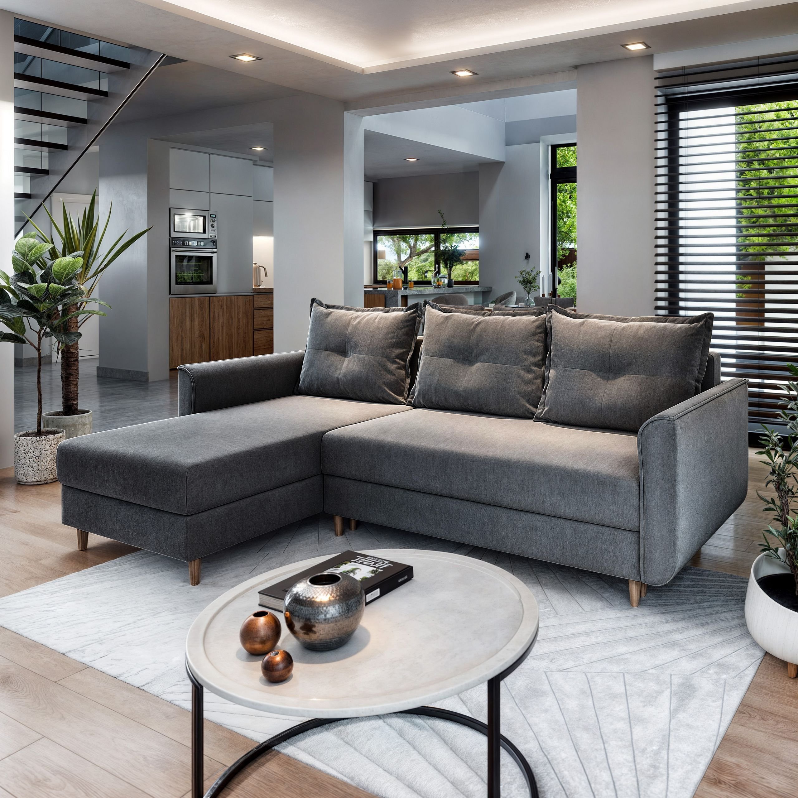 Masseno Narożnik PISAN L-S z funkcją spania i pojemnikiem na pościel Kształt L, Rozkładana sofa, Rogówka - Szary, PAROS 06