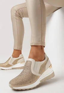Beżowe Wsuwane Sneakersy na Koturnie Ozdobione Cyrkoniami Leavir - Moda i Uroda OUTLET - miniaturka - grafika 1