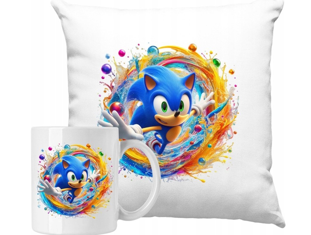 ZESTAW PODUSZKA + KUBEK Jeż Sonic Sega Gry Pomysł na Prezent +IMIĘ