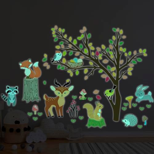 Ambiance Sticker Świecąca fosforyzująca naklejka ścienna ścienna dla dzieci fluorescencyjne zwierzęta w jesiennym lesie - wys. 40 x dł. 55 cm