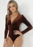 Body - Ciemnobrązowe Welurowe Body z Głębokim Dekoltem Fennia - miniaturka - grafika 1