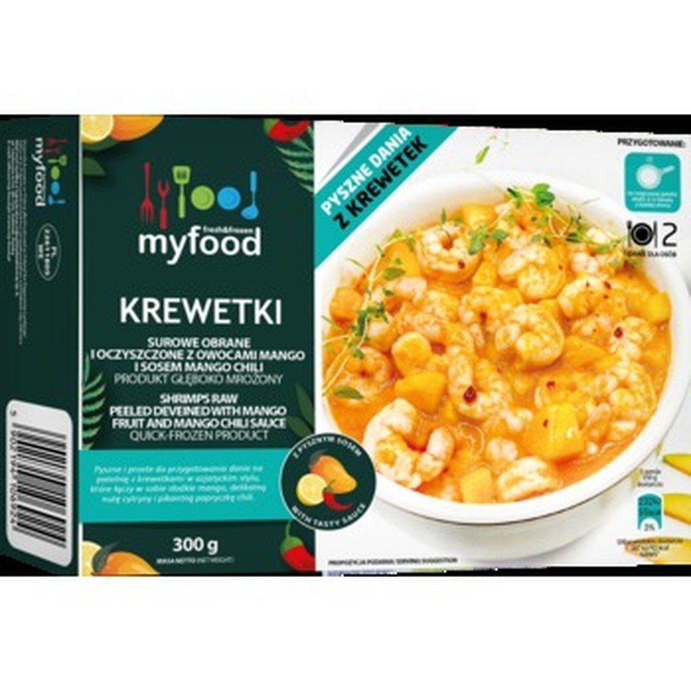 MyFood Krewetki surowe obrane i oczyszczone z owocami mango i sosem mango chili, produkt głęboko mrożony, 300 g