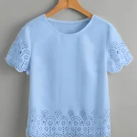 Koszule damskie - TEMU Damska Bluzka z Krótkim Rękawem - Elegancki Okrągły Dekolt, Kołnierzyk w Stylu Koronki, Top o Kształcie A-Line i Rybiej Spódnicy na Wiosną - miniaturka - grafika 1