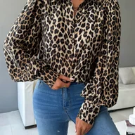 Koszule damskie - TEMU Bluzka z Eleganckim Wzorem Lamparta i Bufiastymi Rękawami dla Kobiet - Szykowny Dekolt Okrągły, Długi Rękaw na Wiosnę/Jesień, Idealna do - miniaturka - grafika 1