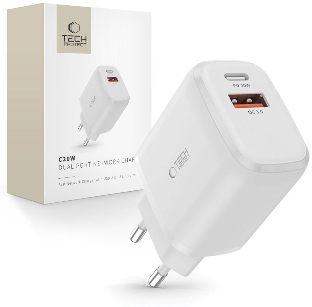 Ładowarka sieciowa C20W USB-A USB-C PD QC 20W - biała Ładowarka sieciowa C20W USB-A USB-C PD QC 20W - biała 9589046924293