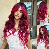 Pozostałe akcesoria fryzjerskie - TEMU 30-calowa długa peruka ombre z frędzlami dla kobiet - odporna na ciepło włókno syntetyczne, tekstura fal wodnych, przejście koloru od różu do - miniaturka - grafika 1
