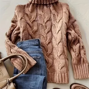 TEMU Elegancki sweter damski z wysokim dekoltem - Szykowny sweter z długim rękawem, miękki i ciepły sweter na zimę jesień/zimę, do biura, na imprezę, - Swetry damskie - miniaturka - grafika 1