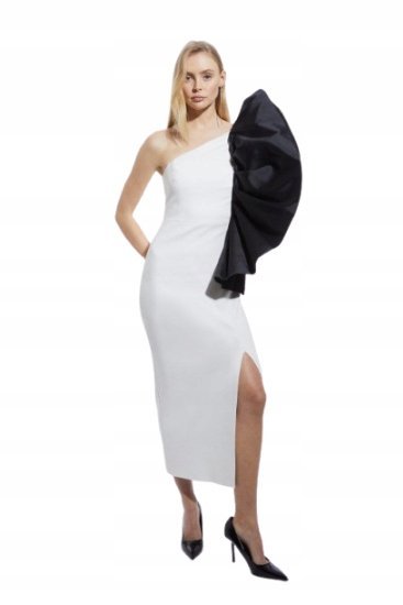 KAREN MILLEN SUKIENKA MIDI NA JEDNO RAMIĘ Z OZDOBĄ FALBANĄ 36 B1C