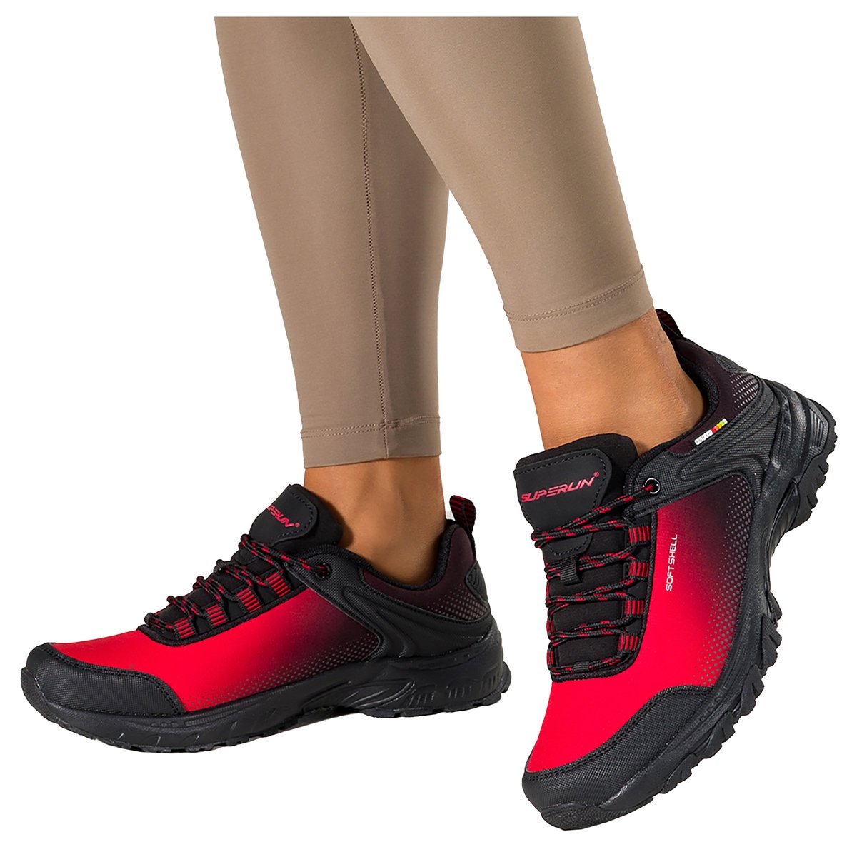 Czerwone buty trekkingowe damskie buty sportowe softshell na bieżnikowanej podeszwie sznurowane czarne wstawki Carla 8529-41
