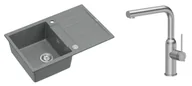 Zlewozmywaki z baterią - Quadron Unique Zlewozmywak granitowy jednokomorowy 78*50*22 cm z ociekaczem MORGAN 111 SILVER STONE z syfonem Push-2-Open w kolorze stalowym z baterią ANGELINA Q LINE z wyciąganą wylewką kolor stal szczotkowana - miniaturka - grafika 1