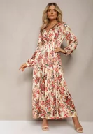 Sukienki - Beżowa Rozkloszowana Sukienka Długa z Plisami w Kwiatowy Print Toada - miniaturka - grafika 1