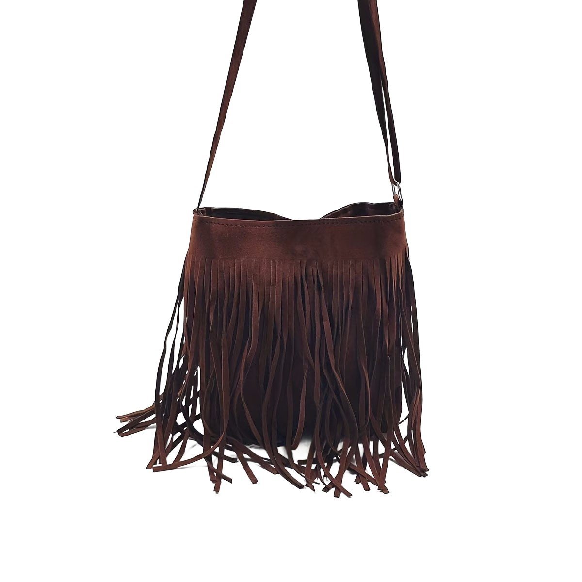 Damska Torebka Boho Torba na Ramię z Frędzlami Ciemno Brązowa