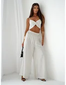 Komplety damskie - Lniany komplet crop top i szerokie spodnie SETI - biały - miniaturka - grafika 1