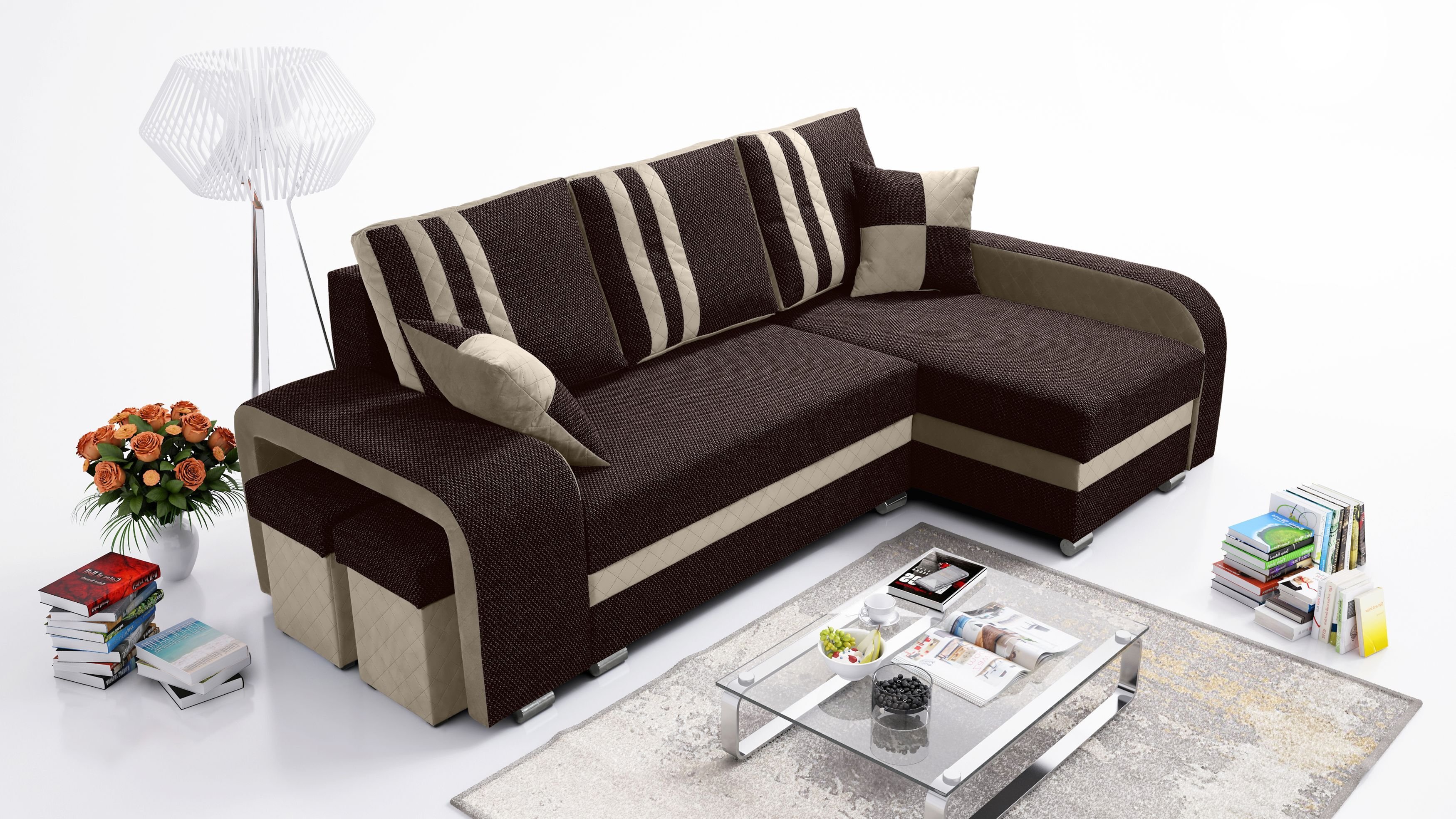 Robin York sofa narożna z funkcją spania 2x pojemnik na pościel 2x małe poduszki 2x taboret Sofa Sofa w kształcie litery L Wolnostojąca sofa narożna Meble do salonu Krajobraz salonu prawy Brązowy Beżowy