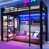 Łóżka dla dzieci i młodzieży - Łóżko piętrowe 90 x 200 cm z siatką, półkami i drążkiem na ubrania - Metalowe - Diody LED - Czarne (Materac nie jest wliczony w cenę) - miniaturka - grafika 1