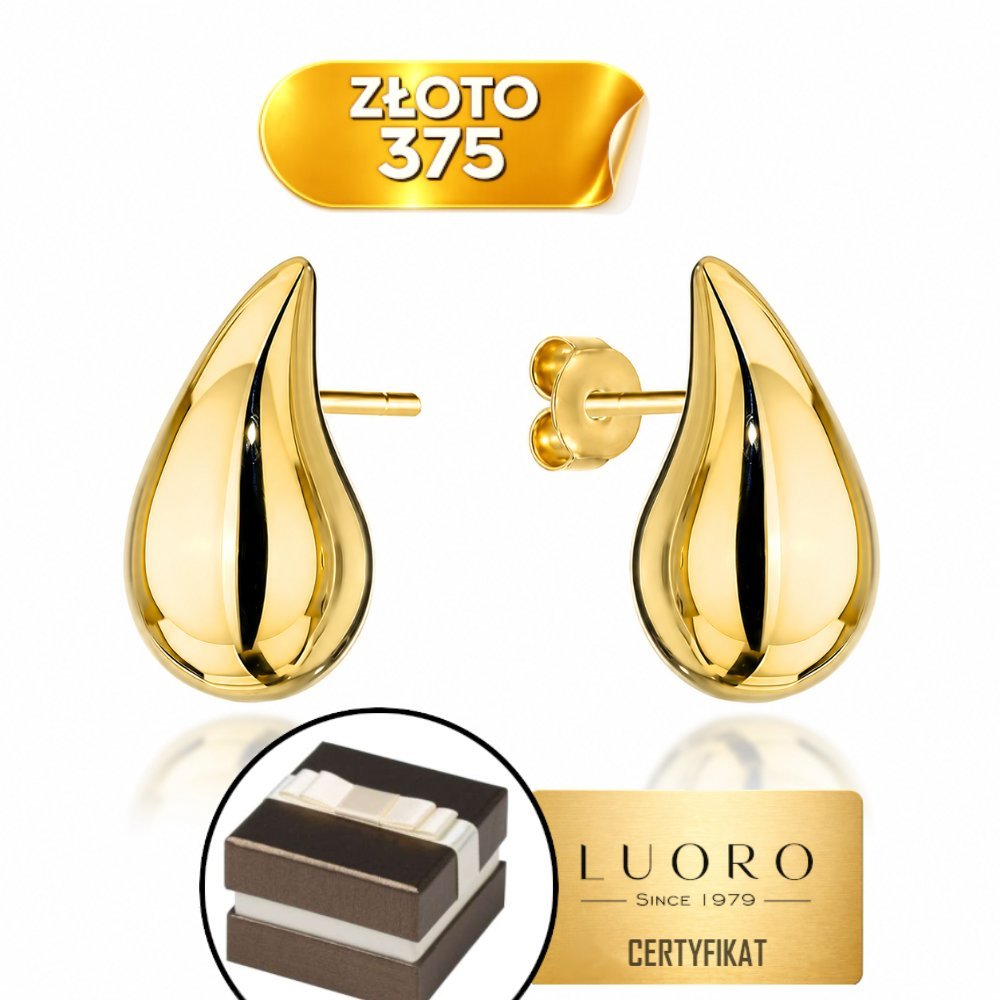 KOLCZYKI ZŁOTE 375 ŻÓŁTE KROPLE GŁADKIE SZTYFT 15,4 MM ELEGANCKIE