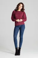 Bluzki damskie - Bordowa Dzianinowa Bluzka w Paski z Bufiastym Rękawem - miniaturka - grafika 1