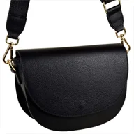 Torebki damskie - Vera Pelle skórzana listonoszka czarna szeroki pasek złote okucia - miniaturka - grafika 1