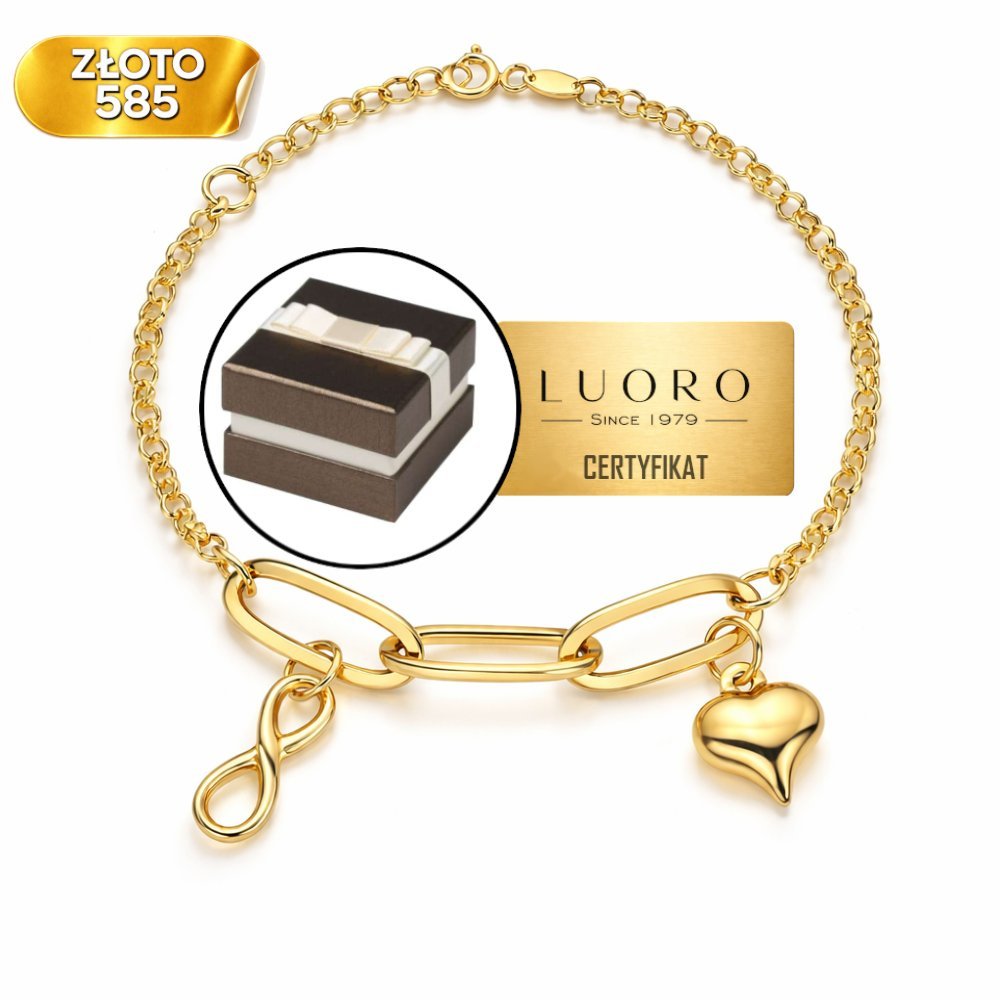 BRANSOLETKA ZŁOTA 585 14K DŁUGIE OGNIWA SERCE NIESKOŃCZONOŚĆ 17 CM