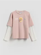 Bluzki dla dziewczynek - Reserved - Koszulka z koronkowymi rękawami - różowy - miniaturka - grafika 1