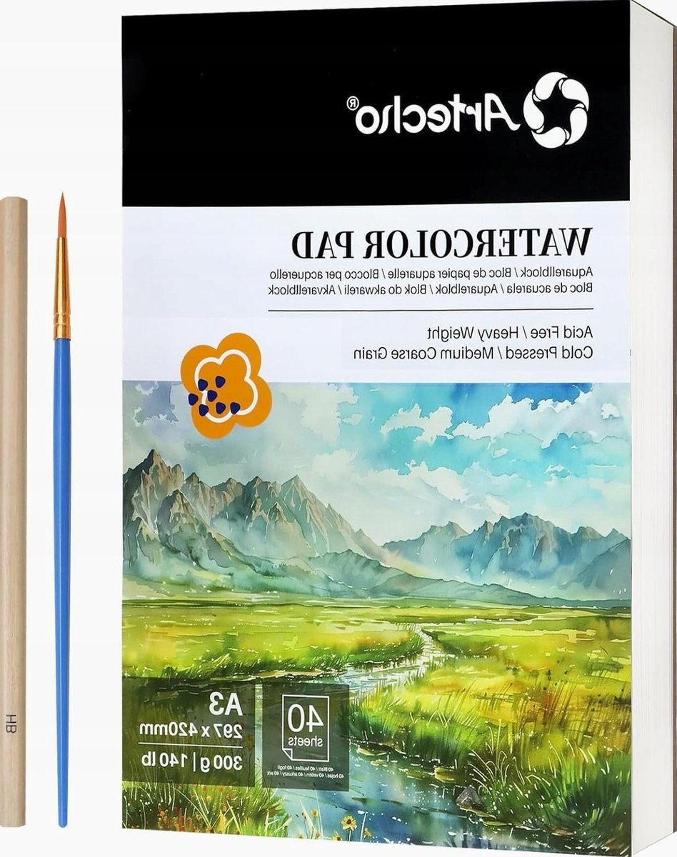 PAPIER AKWARELOWY A3 40SZT 300G/M2 PĘDZELEK OŁÓWEK SZKICOWNIK BLOK ZESTAW